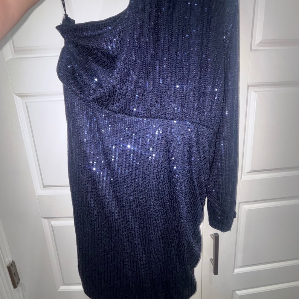 Missguided Navy Sequin One-Shoulder Dress